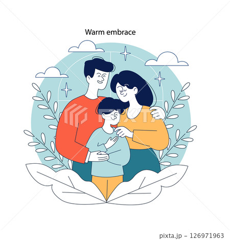 Family togetherness concept. Illustration of a happy family sharing a warm embrace surrounded by nature elements. Love, support, and unity theme. Vector illustration. 126971963