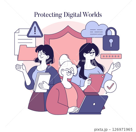 Women collaborating in an AI context emphasize data security and digital protection. Engaging with technology, they represent the importance of diversity in STEM. Their teamwork and communication 126971965