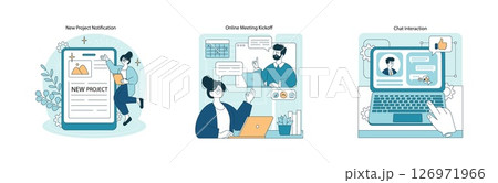 Vector illustration depicting a new project notification on a digital device, online meeting kickoff with two people engaged in discussion, and chat interaction on a laptop screen. Vector illustration depicting a new project notification on a digital device, online meeting kickoff with two people engaged in discussion, and chat interaction on a laptop screen. 126971966