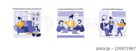 Hybrid work dynamics illustrated through three scenarios: balancing home tasks, collaborative meetings in the office, and social interactions during lunch breaks. A view on modern workplace culture. 126971967