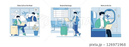 Vector illustration of business travel scenes. A person video calls with a laptop at the airport, enjoys a break with coffee, and works on the train. Focus on travel convenience. 126971968