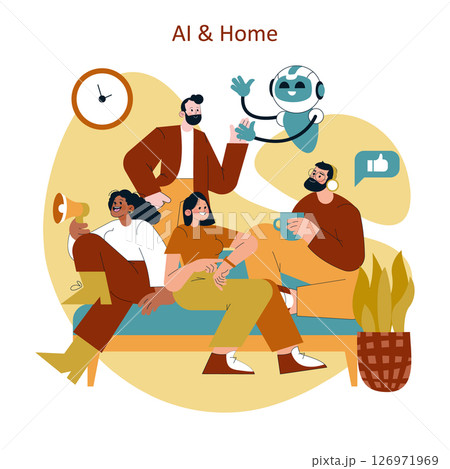AI and home life integration. A group of friends interacts with a friendly robot, sharing moments of joy and connection in a modern living space. Emphasizes technology enhancing relationships. AI and home life integration. A group of friends interacts with a friendly robot, sharing moments of joy and connection in a modern living space. Emphasizes technology enhancing relationships. 126971969