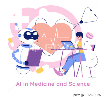 AI integration in medicine enhances research and patient care. This illustration depicts a friendly robot assisting a scientist at a desk, symbolizing collaboration in healthcare advancements and AI integration in medicine enhances research and patient care. This illustration depicts a friendly robot assisting a scientist at a desk, symbolizing collaboration in healthcare advancements and 126971970