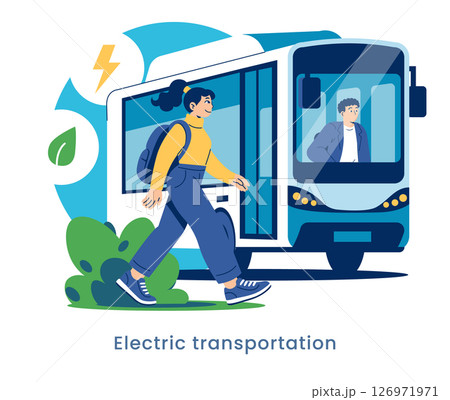 Electric Transportation Concept. Woman using a modern electric bus, highlighting sustainable urban mobility. Green energy symbolized with leaf and lightning icons. Electric Transportation Concept. Woman using a modern electric bus, highlighting sustainable urban mobility. Green energy symbolized with leaf and lightning icons. 126971971