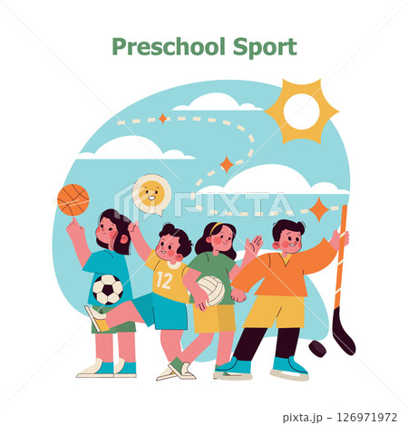 Preschool sport encourages physical activity through fun games. Children engage with various sports equipment, showcasing teamwork and energy. This illustration embodies joyful movement in a preschool 126971972