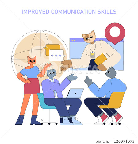 AI integration in the workplace enhances communication skills among team members. Collaborative discussions supported by technology drive engagement and efficiency in diverse work environments. Vector 126971973