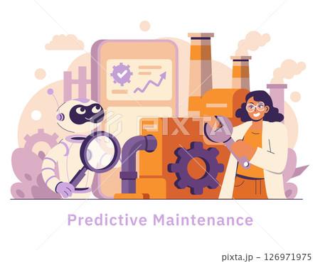 AI in industry focuses on predictive maintenance, showcasing a robot inspecting machines with a technician. This integration improves efficiency, reduces downtime, and enhances operational safety in 126971975