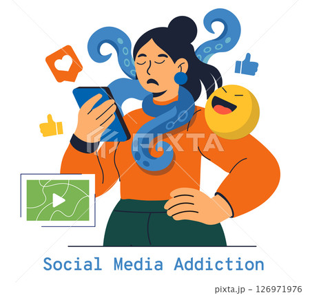 Brain Rot concept. This illustration captures the essence of social media addiction and its overwhelming influence on users. It depicts a person entangled in digital distractions, showcasing mind 126971976