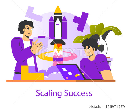Scaling Success concept. Illustrates a dynamic collaboration between two individuals brainstorming innovative ideas focused on growth and achieving goals with a rocket launch visual. Vector Scaling Success concept. Illustrates a dynamic collaboration between two individuals brainstorming innovative ideas focused on growth and achieving goals with a rocket launch visual. Vector 126971979