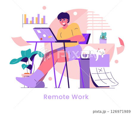 Remote work concept illustration depicting a young person comfortably working from home with their pet nearby. Remote work concept illustration depicting a young person comfortably working from home with their pet nearby. 126971989