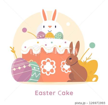 Easter concept. Bunny sitting behind festive cake decorated with painted Easter eggs and cheerful design elements, perfect for celebrations and holiday greeting projects. Vector illustration 126971993