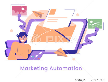 AI in marketing streamlines processes through automation, enhances efficiency, and improves targeting. The illustration showcases tools for content creation and email marketing. Vector illustration. 126971996