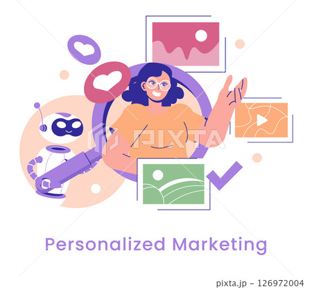 AI revolutionizes marketing strategies through personalized approaches. This illustration features a character engaging with technology and creative visual elements, showcasing advancements in 126972004