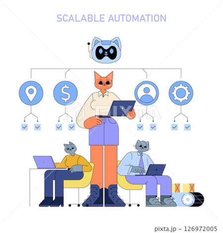 AI-driven automation enhances global business operations. This illustration showcases a diverse team strategizing and utilizing technology for scalable solutions, optimizing various business processes AI-driven automation enhances global business operations. This illustration showcases a diverse team strategizing and utilizing technology for scalable solutions, optimizing various business processes 126972005