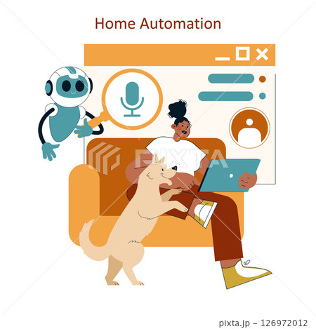 Home automation concept illustrated with a person using a laptop, guided by a friendly robot and accompanied by a dog. This scene highlights technology integration into daily life for comfort and Home automation concept illustrated with a person using a laptop, guided by a friendly robot and accompanied by a dog. This scene highlights technology integration into daily life for comfort and 126972012