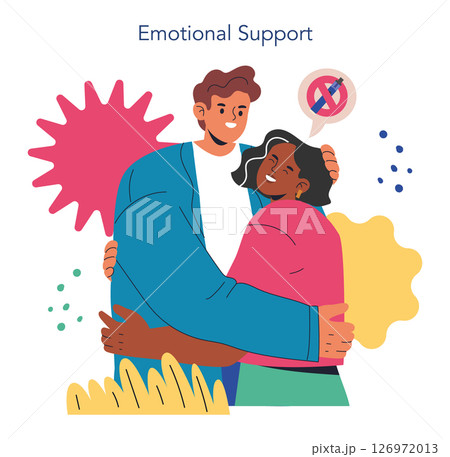 Stop smoking journey. Individuals embracing while symbolically rejecting smoking. A message of support and encouragement in overcoming challenges associated with quitting smoking. Vector illustration. 126972013