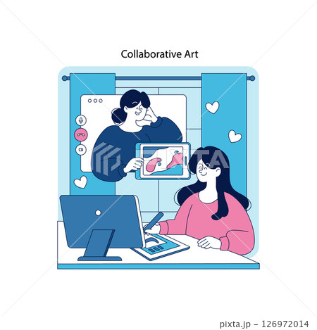 Vector illustration of a collaborative digital art session with two individuals engaging in creative work. They share artwork on a digital screen, expressing creativity and cooperation. Vector illustration of a collaborative digital art session with two individuals engaging in creative work. They share artwork on a digital screen, expressing creativity and cooperation. 126972014