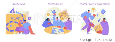 Vector illustration shows three scenes of people enjoying party games, fostering healthy competition. Highlights enjoyment, teamwork, and relaxation. Ideal for stress relief contexts. Vector illustration shows three scenes of people enjoying party games, fostering healthy competition. Highlights enjoyment, teamwork, and relaxation. Ideal for stress relief contexts. 126972018