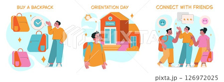 Vector illustration of a student buying a backpack, attending orientation day, and connecting with friends at school. Depicts preparation and positive social engagement. Vector illustration of a student buying a backpack, attending orientation day, and connecting with friends at school. Depicts preparation and positive social engagement. 126972025