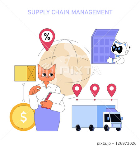 AI enhances supply chain management in global business. The illustration features a character analyzing logistics, automated processes, and financial elements, showcasing efficiency and modernity AI enhances supply chain management in global business. The illustration features a character analyzing logistics, automated processes, and financial elements, showcasing efficiency and modernity 126972026