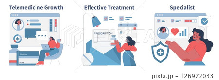 Vector illustration highlighting telemedicine growth, effective treatment methods, and specialist consultation. Includes digital prescription analysis and online interaction tools. 126972033