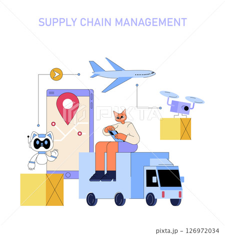 AI in medium-sized business processes enhances supply chain management through automation. Key elements include tracking, logistics, and delivery efficiency using smart technologies. Vector AI in medium-sized business processes enhances supply chain management through automation. Key elements include tracking, logistics, and delivery efficiency using smart technologies. Vector 126972034