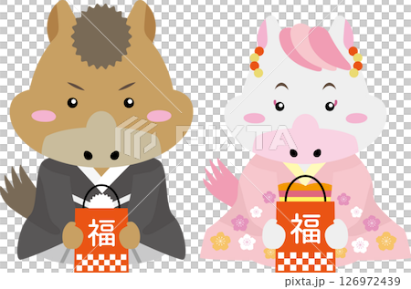 與身著和服、手捧福袋的馬兒一起慶祝 2026 年新年 126972439