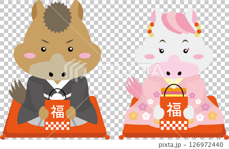 福袋を持った着物の馬キャラで迎える2026年の正月 126972440