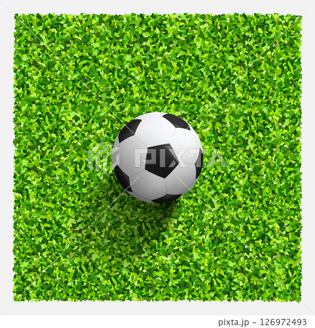 Soccer ball on green grass field. Top views of soccer ball on green grass of soccer field background with green lawn pattern and texture. Vector illustration. 126972493