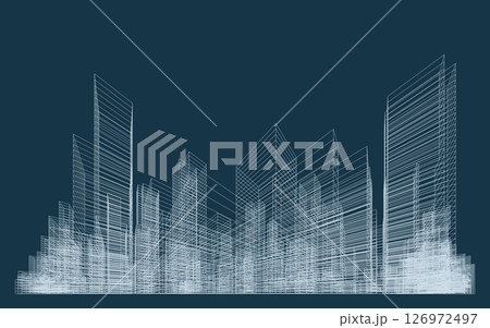3D wireframe perspective of building. Abstract wireframe city background for template design. Vector illustration. 126972497