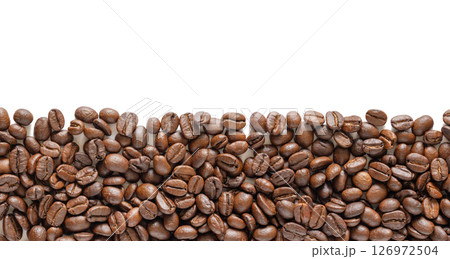 Many roasted coffee beans on white background. Coffee beans border with area for copy space. Close up images. 126972504