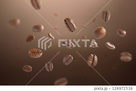 Roasted coffee beans levitate with dark background. Coffee beans flying and falling use for background. Close up image. Roasted coffee beans levitate with dark background. Coffee beans flying and falling use for background. Close up image. 126972516