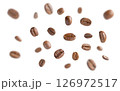 Coffee beans levitate. Roasted coffee beans flying on white background with clipping path. Close up image. 126972517