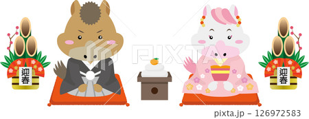 鏡もちと門松に囲まれた午年の馬キャラのお正月 126972583