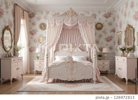Luxury Shabby Chic Canopy Bed: Romantic & Elegant Girl's Bedroom Design 126972813