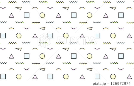 真っ直ぐに並んだ黒い線に水玉模様が重なるパステルカラーの明るいメンフィス柄 126972974