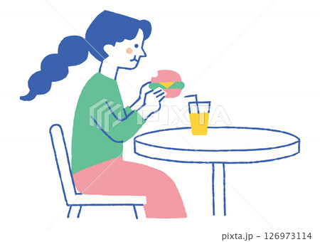 フードコートでハンバーガーを食べる女性_色 フードコートでハンバーガーを食べる女性_色 126973114