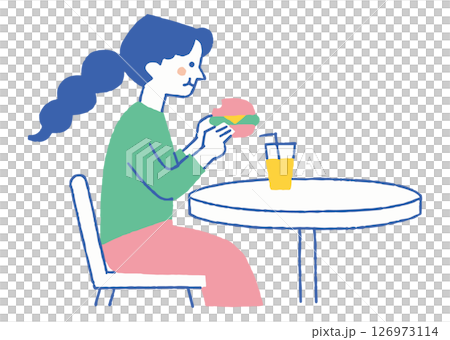フードコートでハンバーガーを食べる女性_色 フードコートでハンバーガーを食べる女性_色 126973114