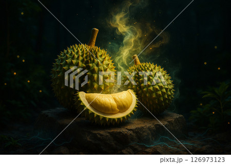 Mystical Durian Fruits on Stone at Night 126973123
