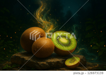 AI generated photorealistic kiwi fruits sliced and whole on rugged stone in mystical nighttime forest with glowing vapor trails evoking wonder and fantasy 126973139