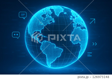 AI generated image of a large glowing Earth rendered as a digital hologram with blue luminous code-like patterns and futuristic UI elements on a dark background 126973148