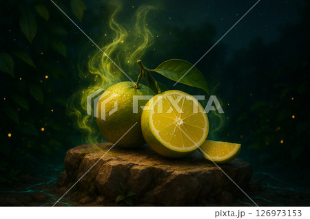 AI generated image of glowing shogun oranges resting on rugged stone with ethereal green mist and golden highlights, surrounded by digital blue energy in a warm enchanted forest night 126973153