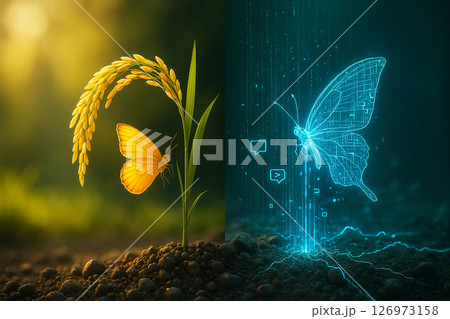 AI generated image of a golden rice plant divided between organic natural growth and glowing digital transformation symbolizing harmony between agriculture and technology in modern innovation 126973158