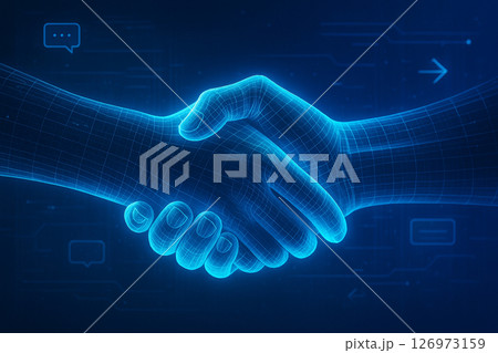 AI generated image of two hands joining in a glowing digital style with holographic code and futuristic UI, symbolizing unity in advanced technology. 126973159