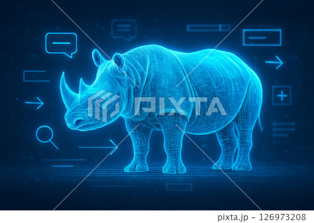AI generated digital artwork of a Javan rhinoceros with glowing blue holographic effects blending technology and wildlife in a futuristic concept. 126973208