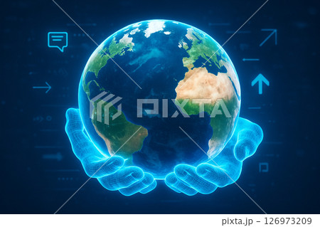 AI generated image of glowing digital hands holding a realistic Earth, blending human responsibility with futuristic technology in a cool cyber aesthetic 126973209