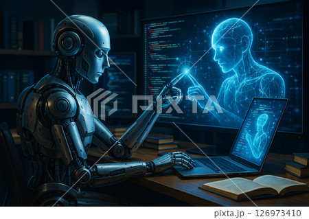 AI generated image of a vivid green cannabis plant held in a scientists hand with glowing DNA strands wrapping around the stem. A microscope and laptop with success metrics 126973410