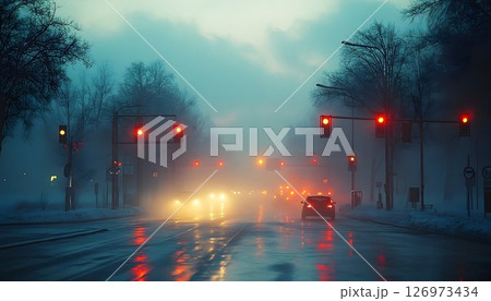Eerie winter cityscape with red traffic lights illuminating through dense fog 126973434