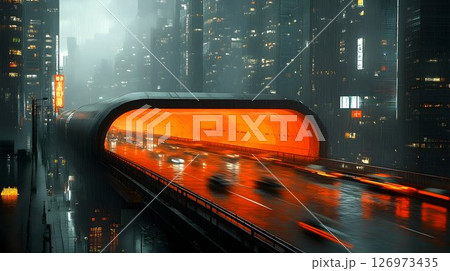 Neon lit tunnel reflecting on the wet city highway during heavy rainfall 126973435