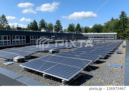 Rooftop Solar Panel Array Generating Sustainable Power on a Sunny Day 126973467
